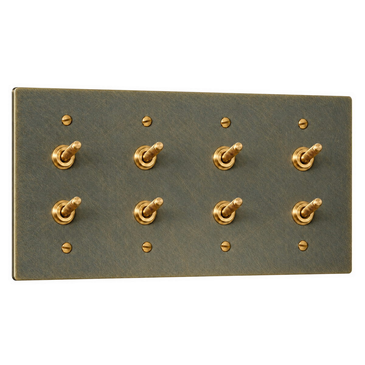 4-Gang Solid Brass Double Knurled Toggle Light Switches in Aged Bronze (Hand-Brushed); 8 toggles on a white background