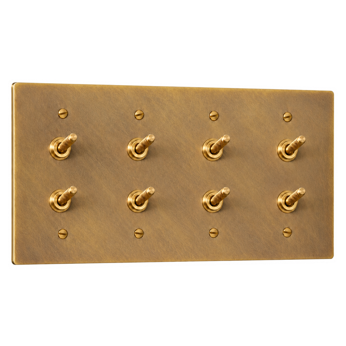 4-Gang Solid Brass Double Knurled Toggle Light Switches in Antique Brass (Hand-Brushed); 8 toggles on a white background