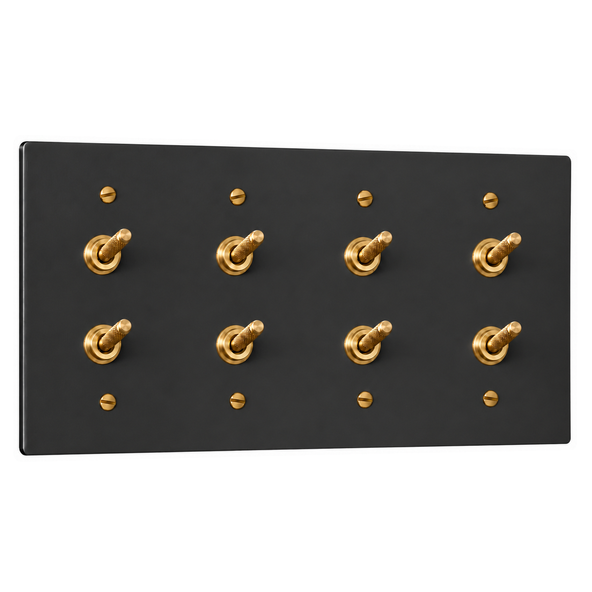 4-Gang Solid Brass Double Knurled Toggle Light Switches in Black with Brass Accents; 8 toggles on a white background