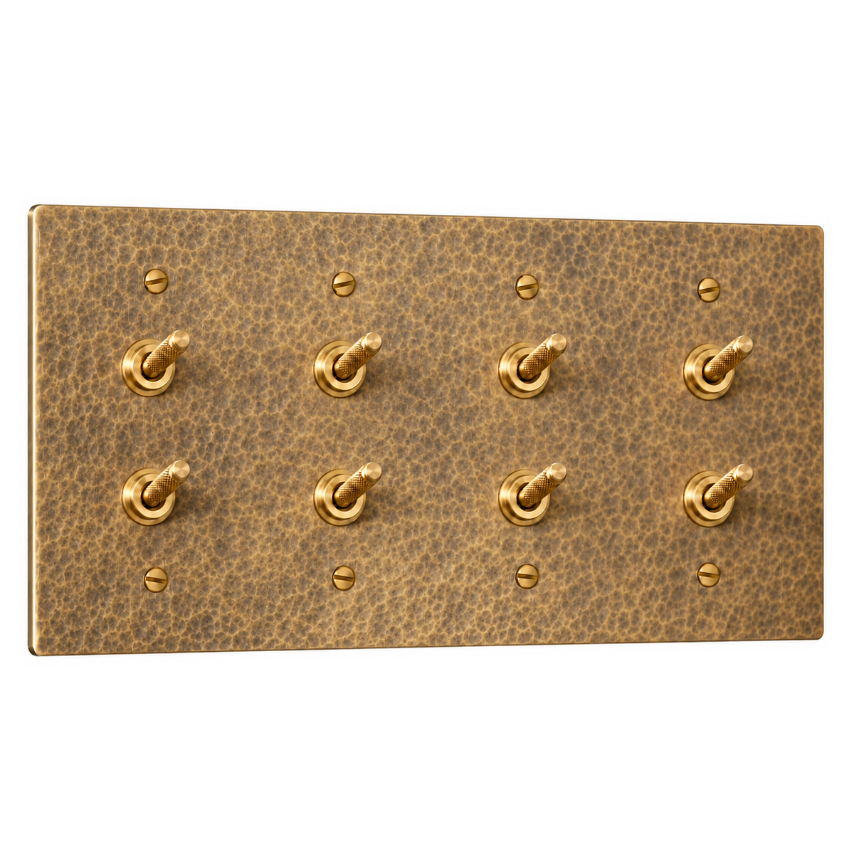 4-Gang Solid Brass Double Knurled Toggle Light Switches in Hammered Antique Brass; 8 toggles on a white background