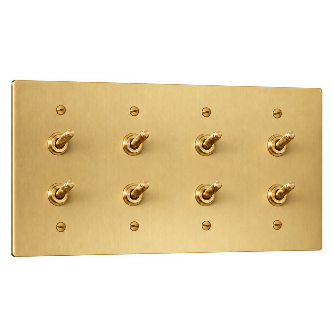 4-Gang Solid Brass Double Knurled Toggle Light Switches in Satin Brass; 8 toggles on a white background
