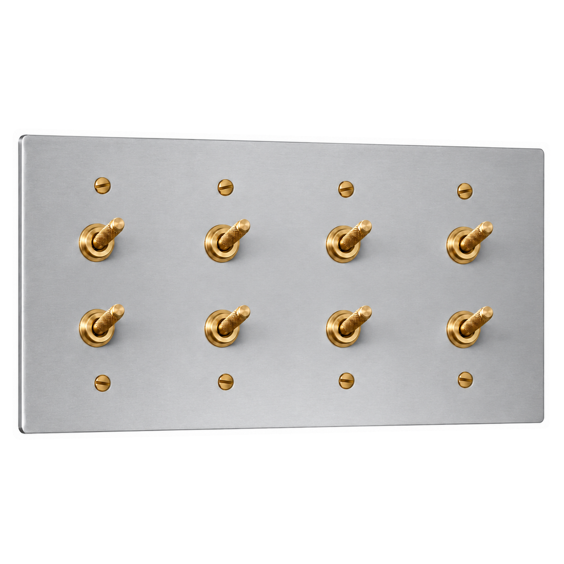 4-Gang Solid Brass Double Knurled Toggle Light Switches in Stainless Steel; 8 toggles on a white background