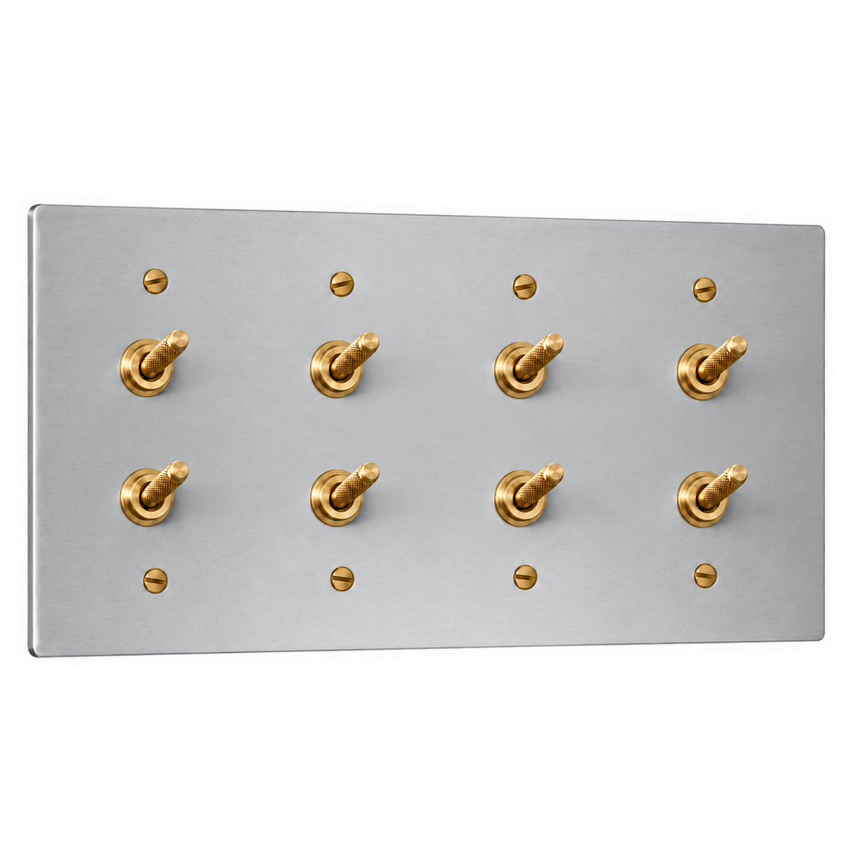 4-Gang Solid Brass Double Knurled Toggle Light Switches in Stainless Steel; 8 toggles on a white background