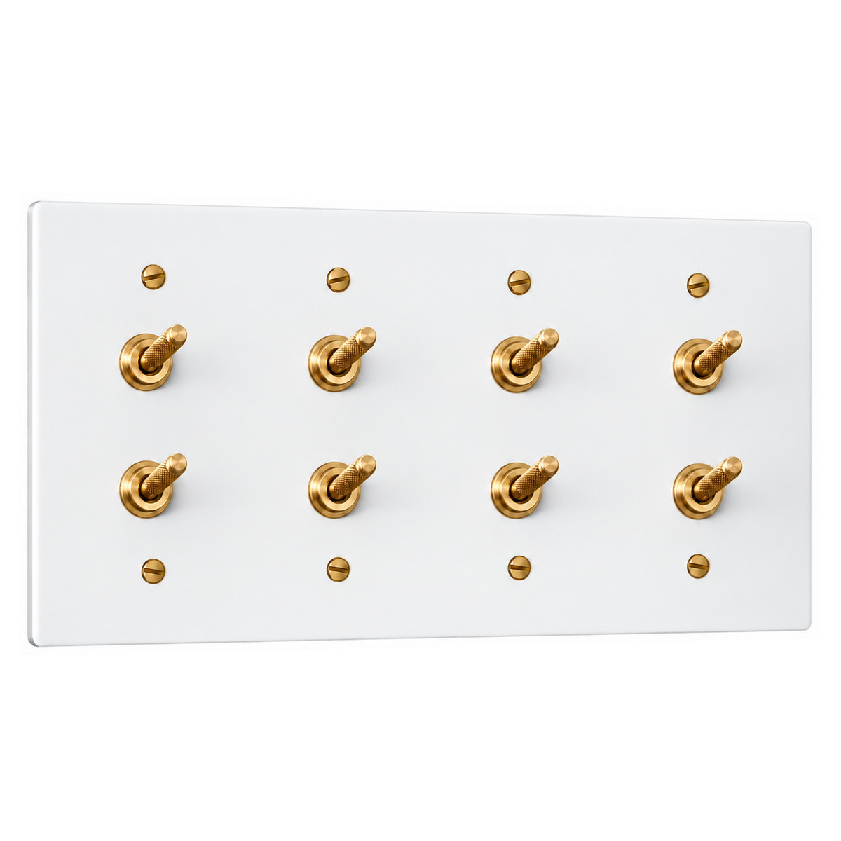 4-Gang Solid Brass Double Knurled Toggle Light Switches in White with Brass Accents; 8 toggles on a white background
