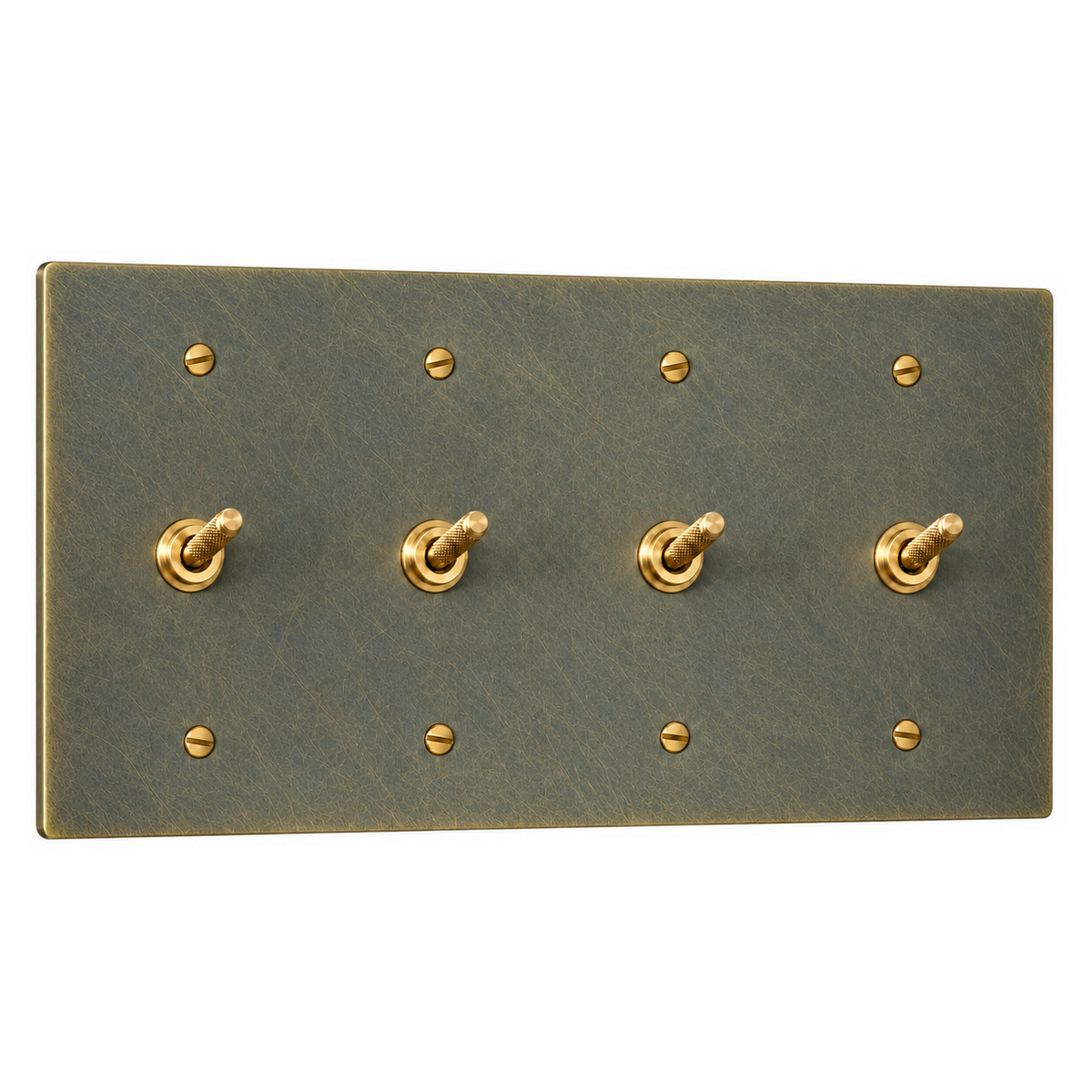 4-Gang Solid Brass Knurled Toggle Light Switches in Aged Bronze (Hand-Brushed); 4 toggles on a white background