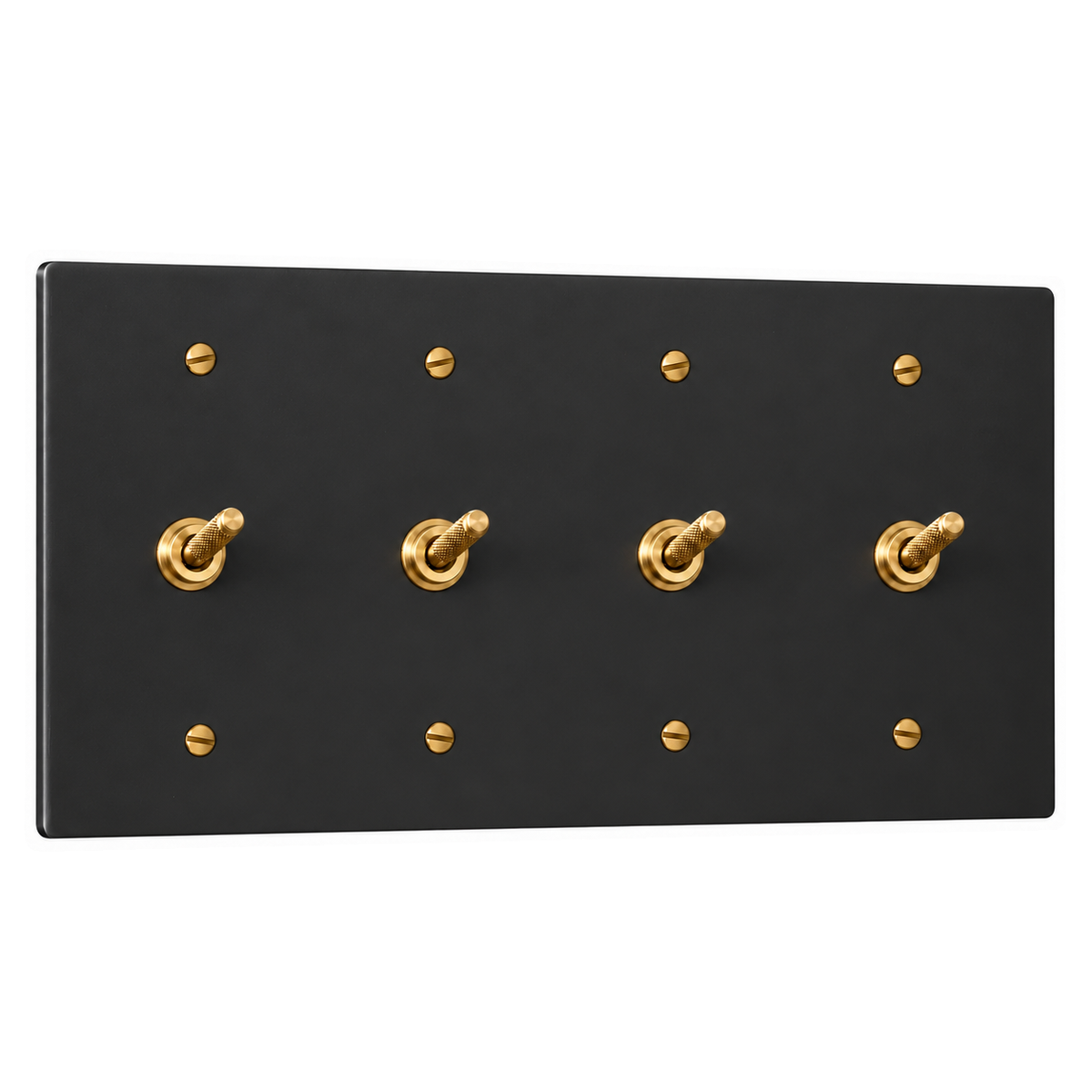 4-Gang Solid Brass Knurled Toggle Light Switches in Black with Brass Accents; 4 toggles on a white background