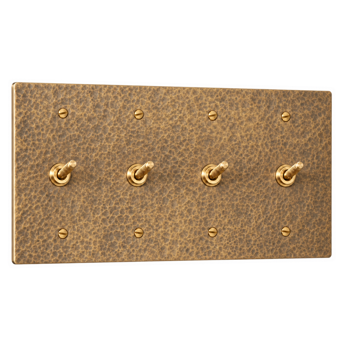 4-Gang Solid Brass Knurled Toggle Light Switches in Hammered Antique Brass; 4 toggles on a white background