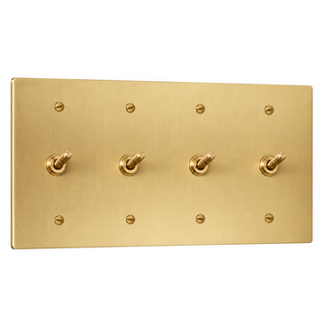 4-Gang Solid Brass Knurled Toggle Light Switches in Satin Brass; 4 toggles on a white background