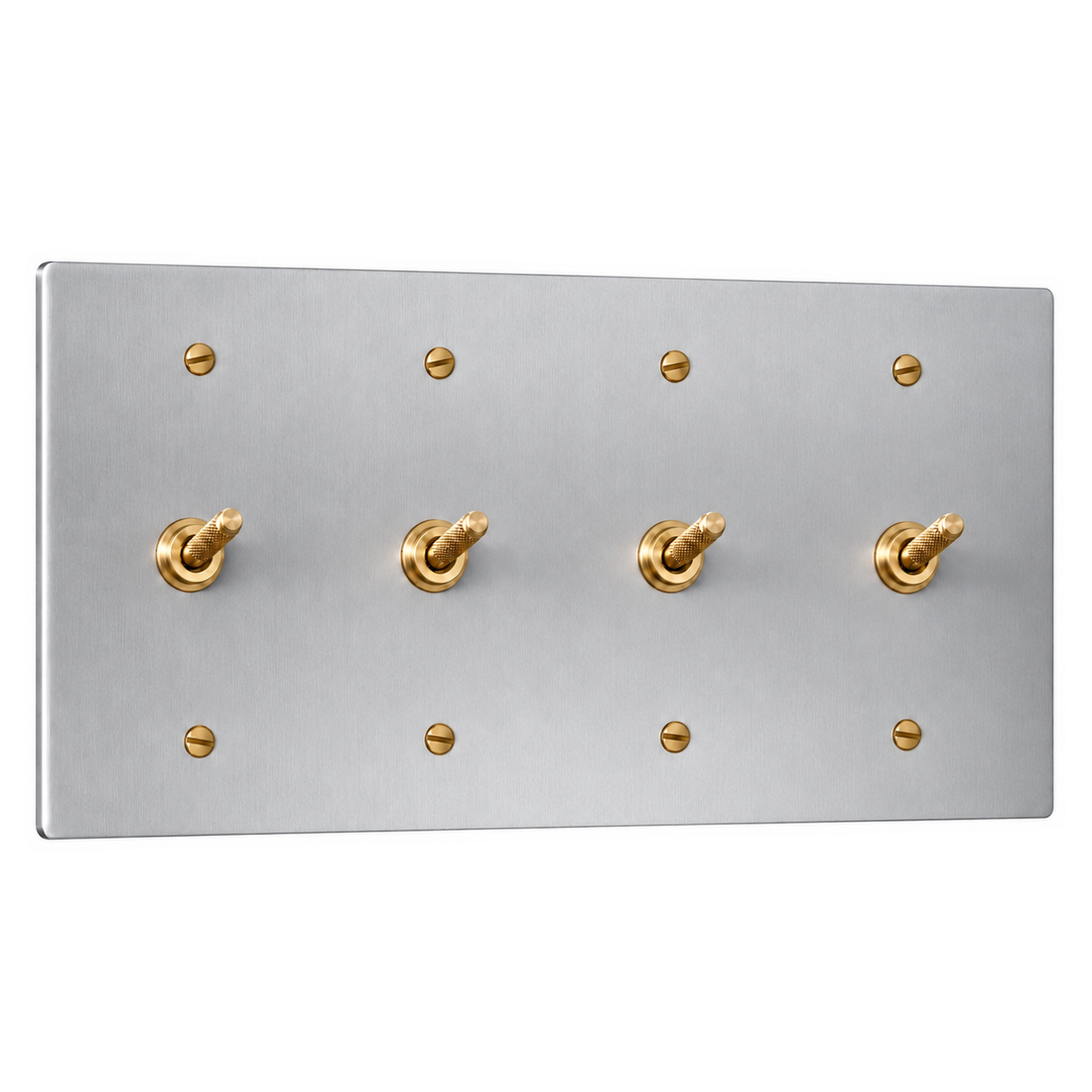 4-Gang Solid Brass Knurled Toggle Light Switches in Stainless Steel; 4 toggles on a white background
