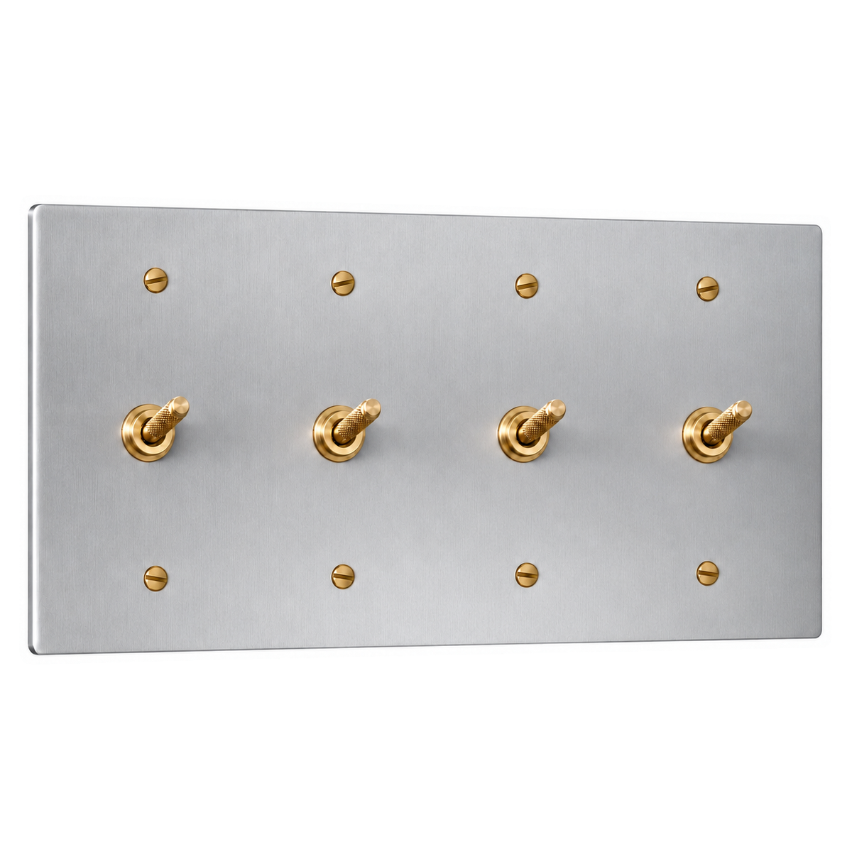 4-Gang Solid Brass Knurled Toggle Light Switches in Stainless Steel; 4 toggles on a white background