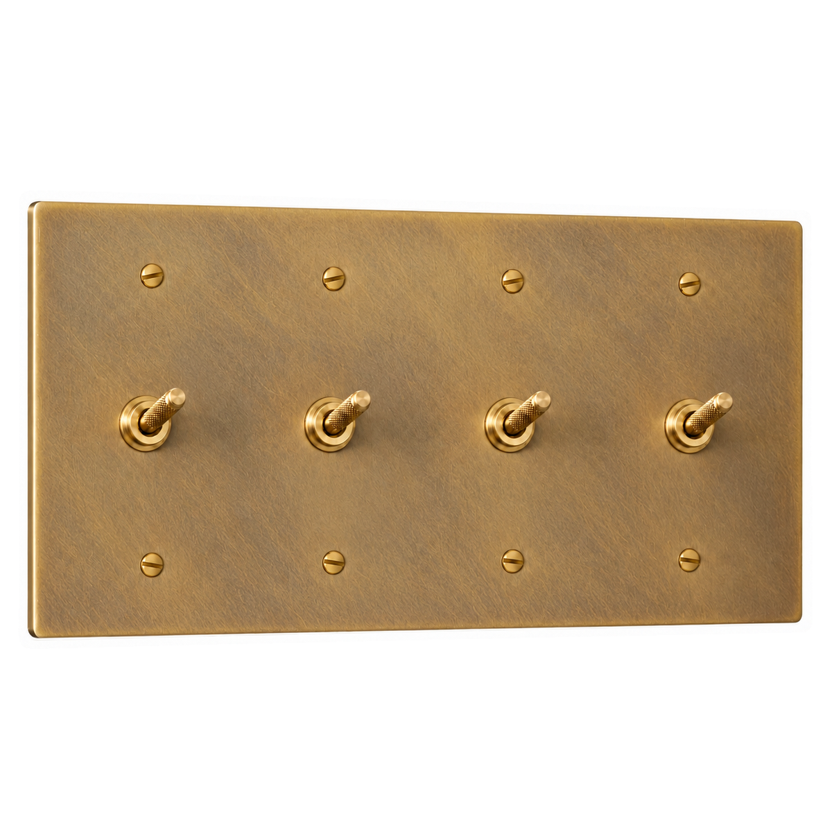 4-Gang Solid Brass Knurled Toggle Light Switches in Unlacquered Antique Brass (Hand-Brushed); 4 toggles on a white background