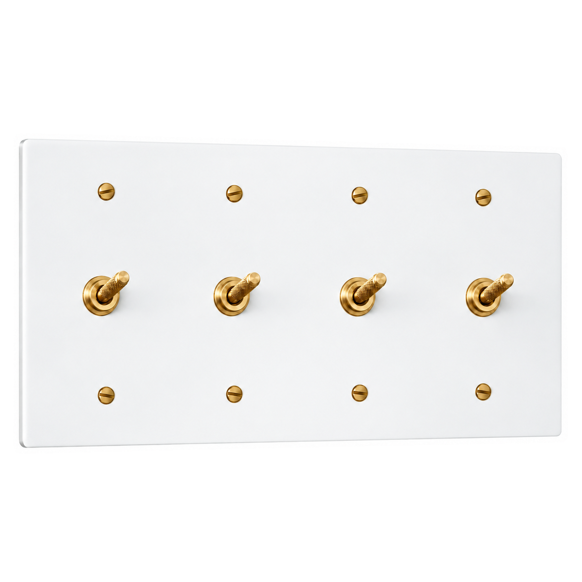 4-Gang Solid Brass Knurled Toggle Light Switches in White with Brass Accents; 4 toggles on a white background