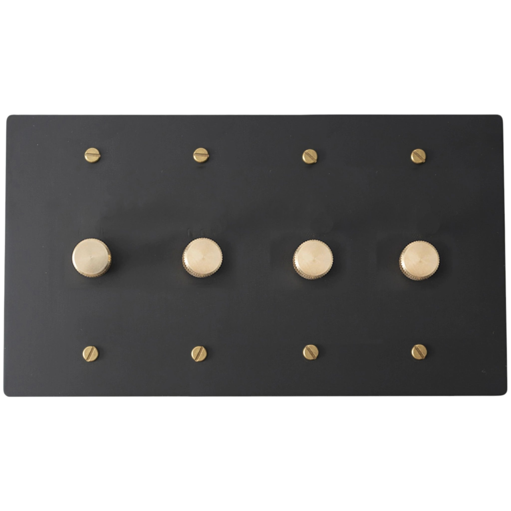 Black 4 gang dimer switchplate with gold circular elements on a white background