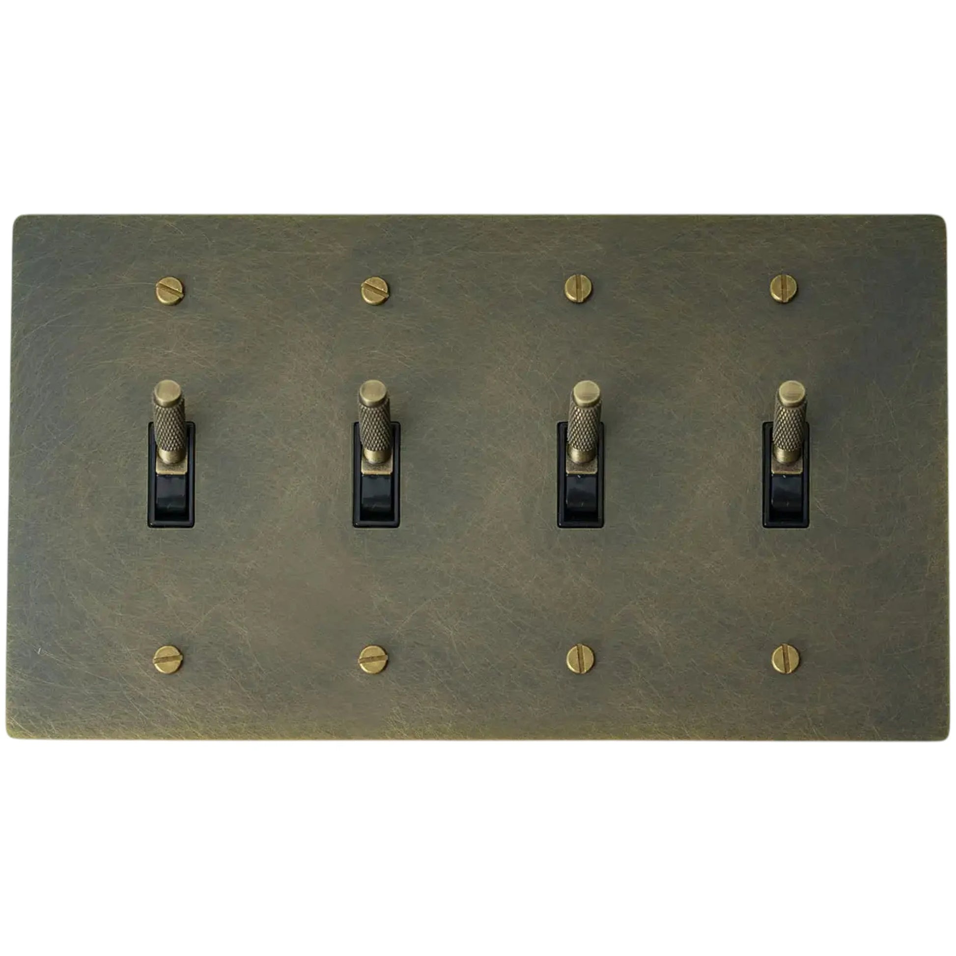 4-gang knurled toggle light switch plate in aged bronze, hand-brushed, front view