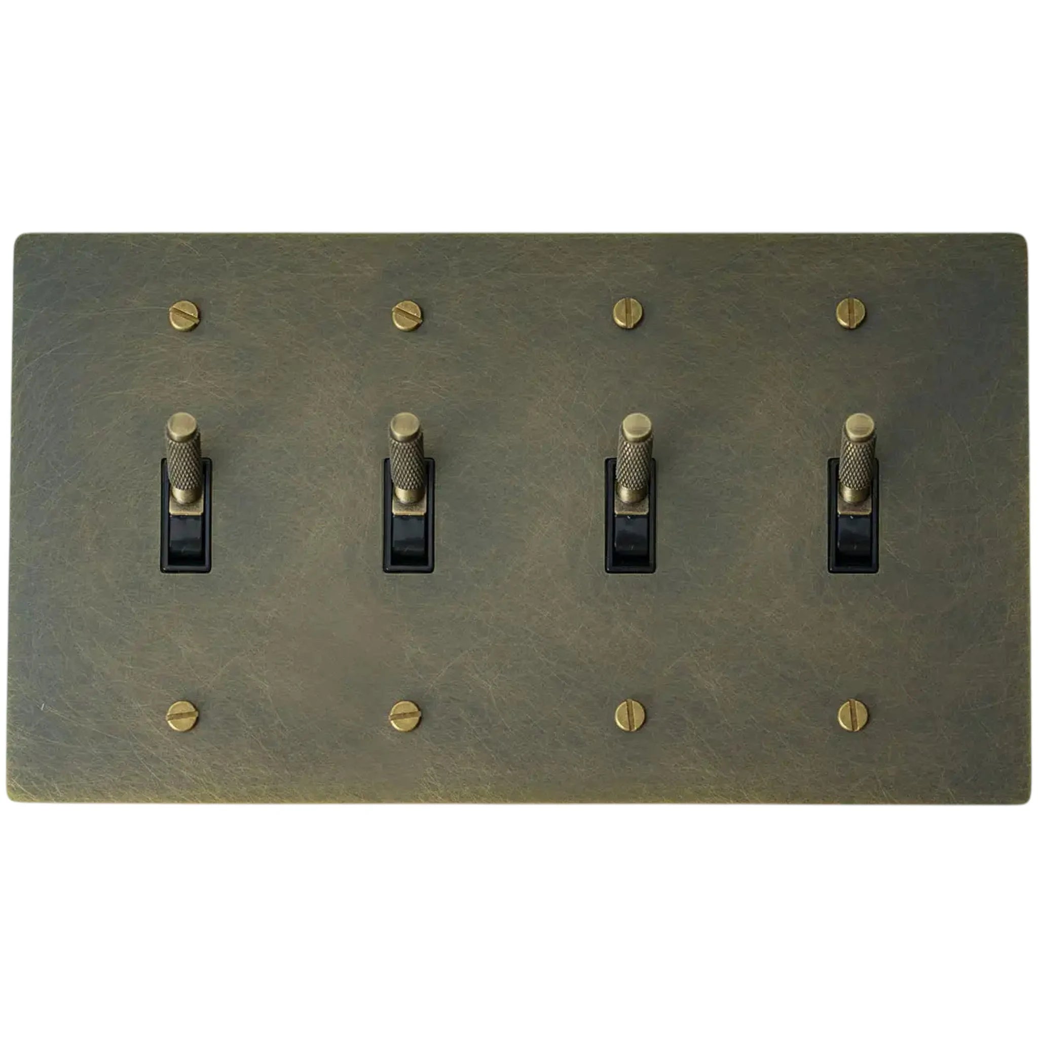 4-gang knurled toggle light switch plate in aged bronze, hand-brushed, front view