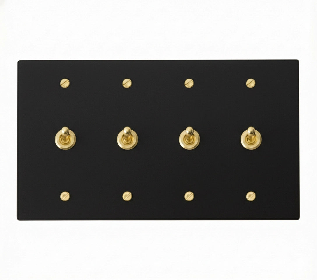 4-gang solid brass retro toggle light switch in matte black finish