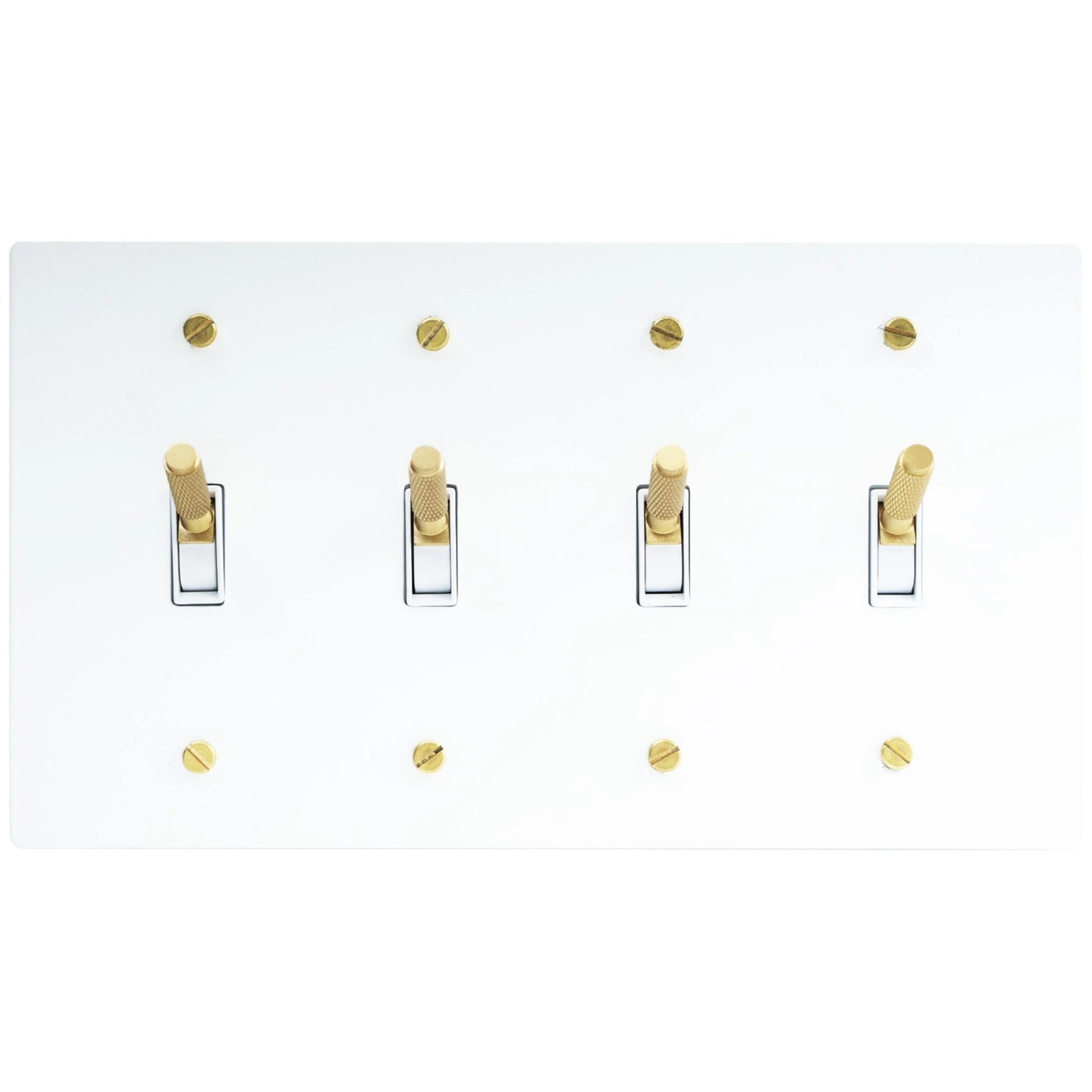 Close-up of knurled toggle detail on white 4-gang switch plate