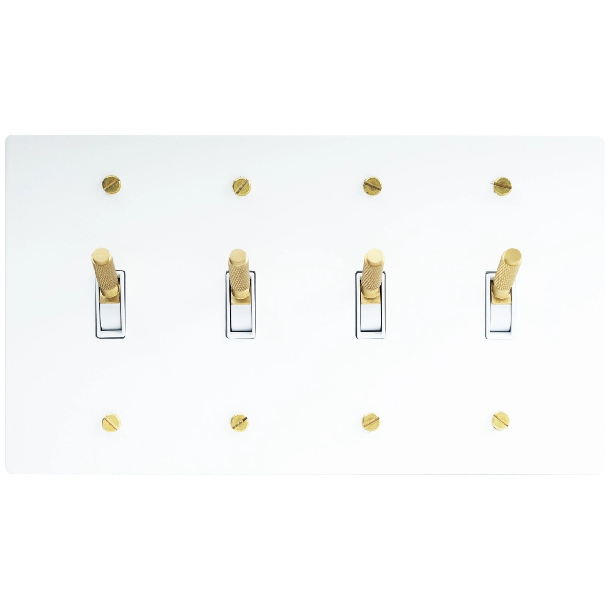 Close-up of knurled toggle detail on white 4-gang switch plate