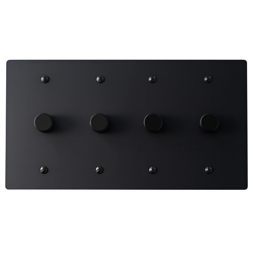 Matte black four-gang dimmer switch with rotary knobs — modern wall dimmer for kitchen, living room, or hallway lighting