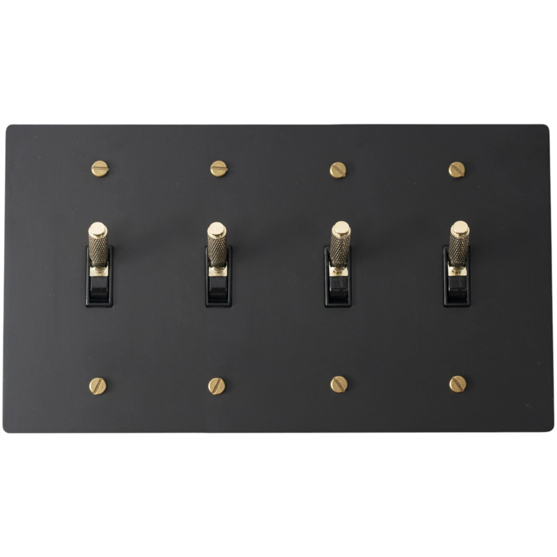 Close-up of knurled toggles on matte black 4-gang switch plate