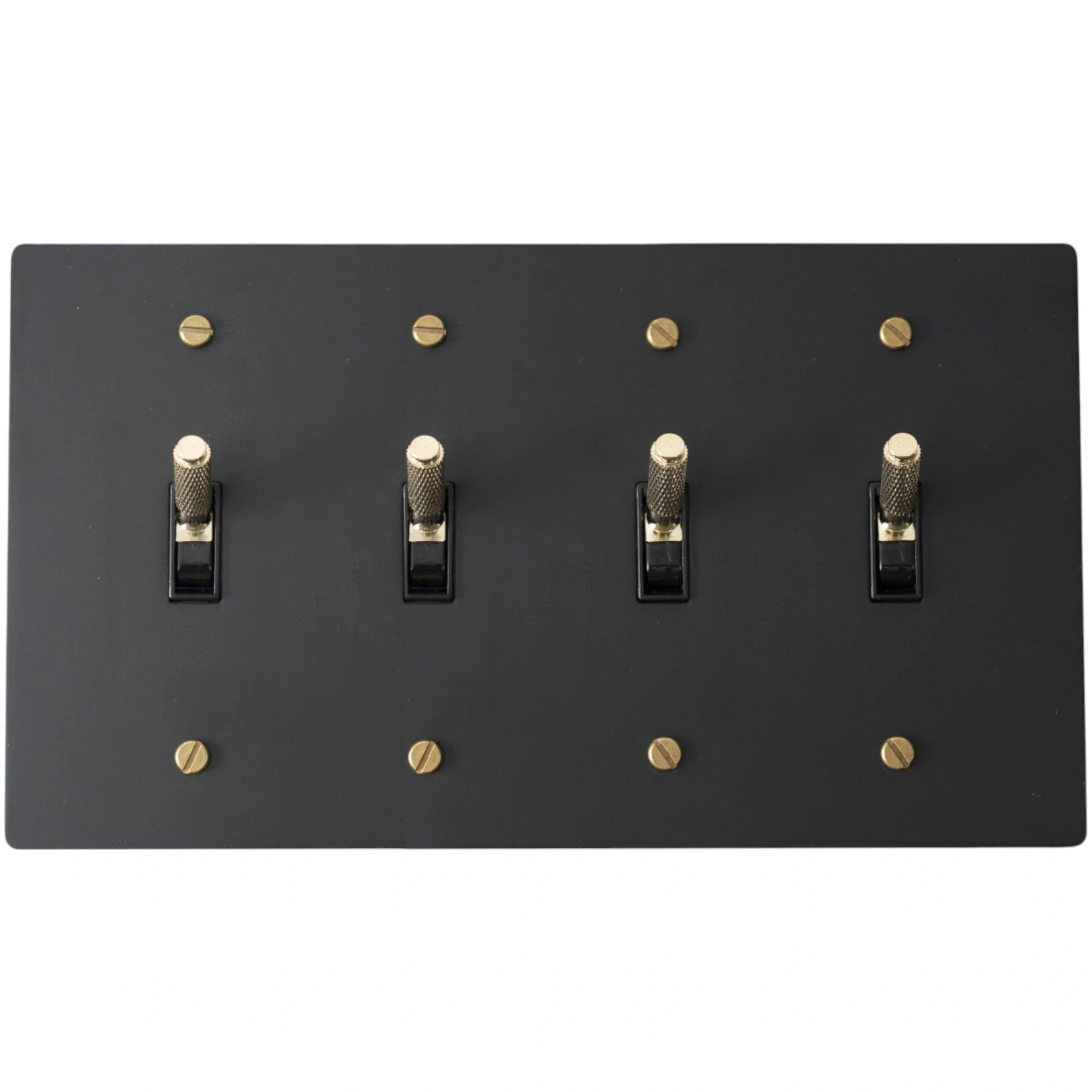 Close-up of knurled toggles on matte black 4-gang switch plate