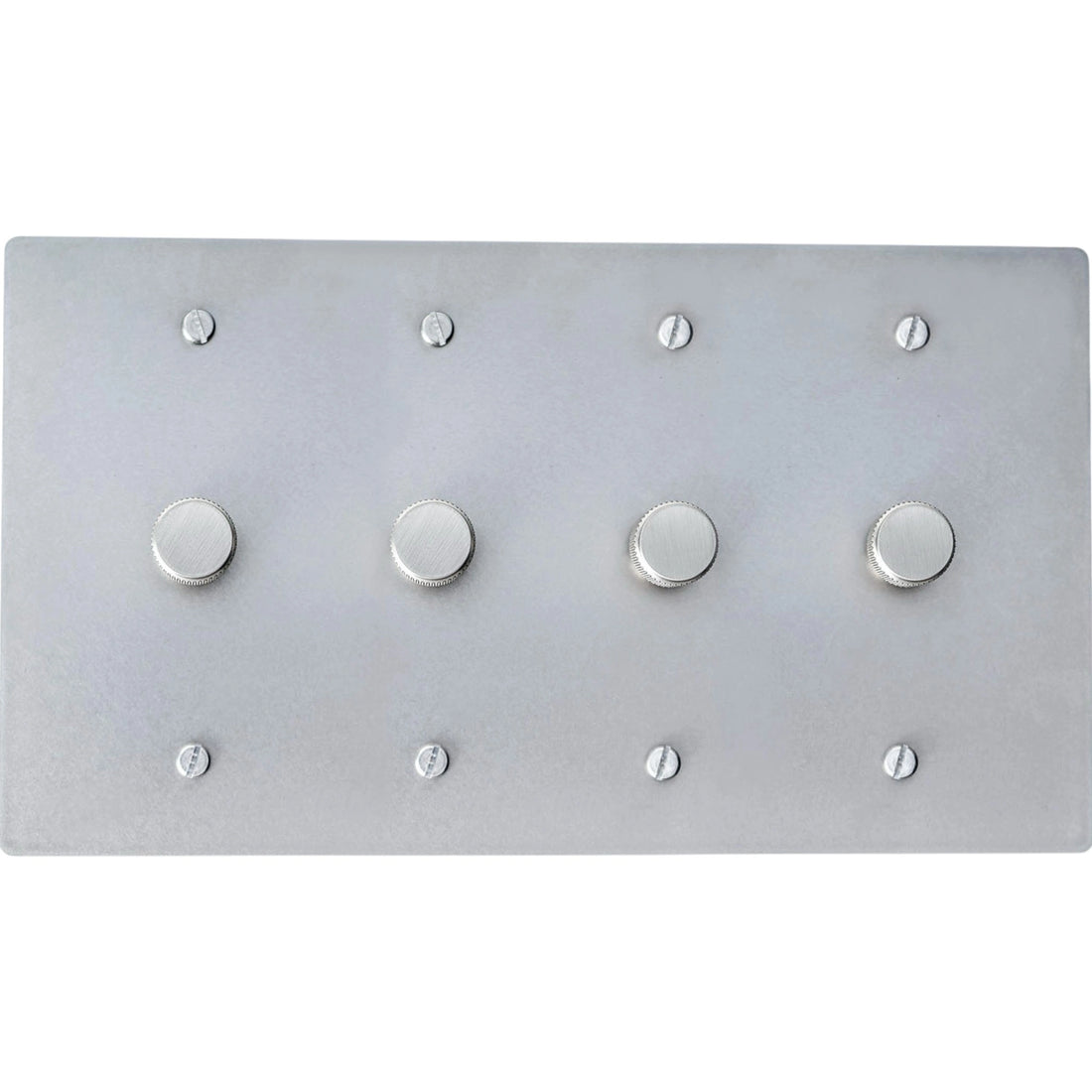 Four gang brushed nickel dimmer switch plate with multiple rotary knobs for modern lighting control.