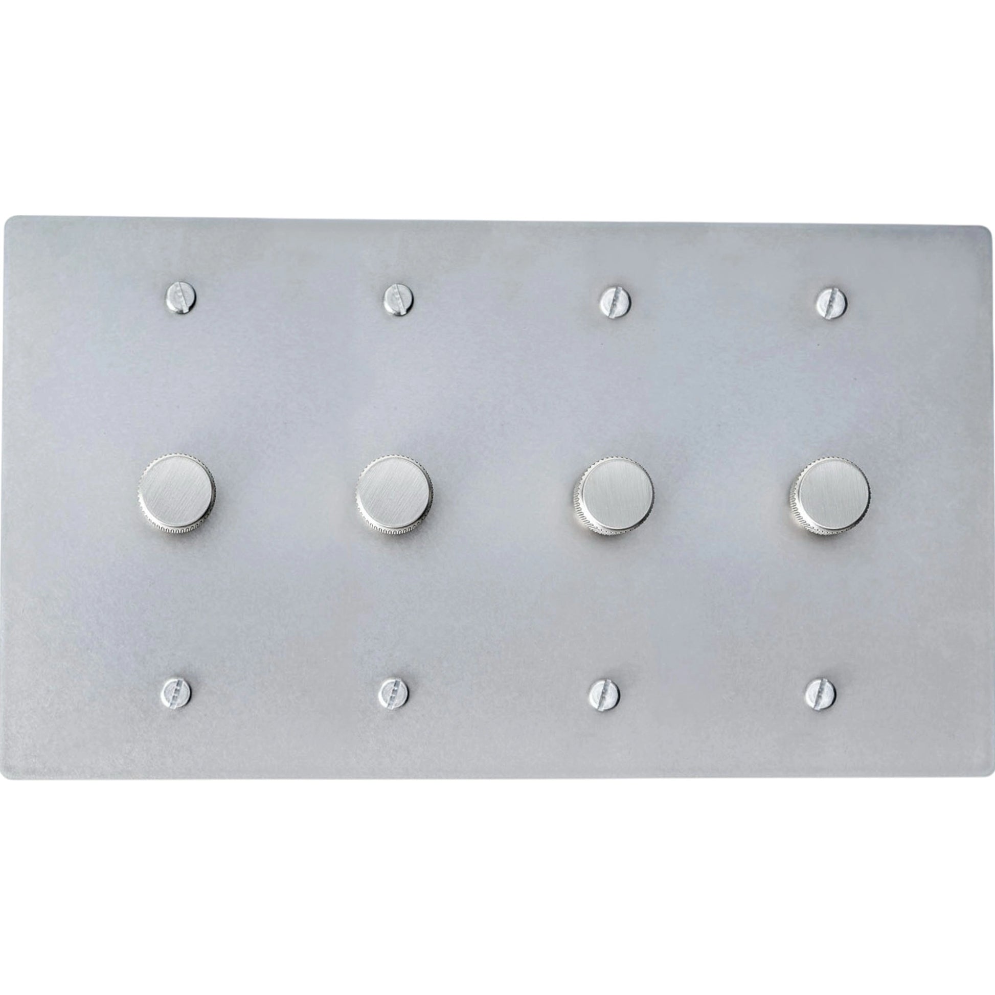 Four gang brushed nickel dimmer switch plate with multiple rotary knobs for modern lighting control.