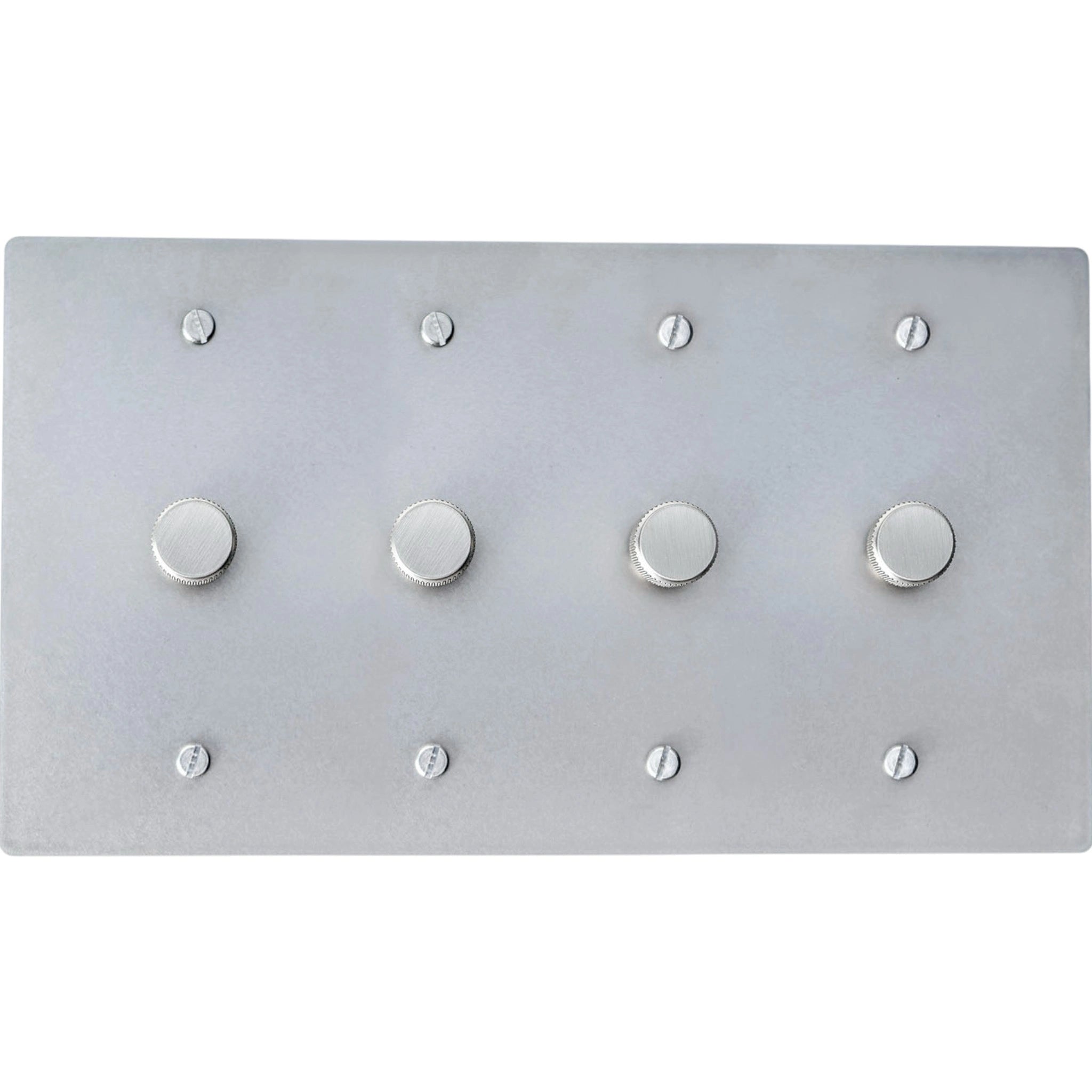 Four gang brushed nickel dimmer switch plate with multiple rotary knobs for modern lighting control.