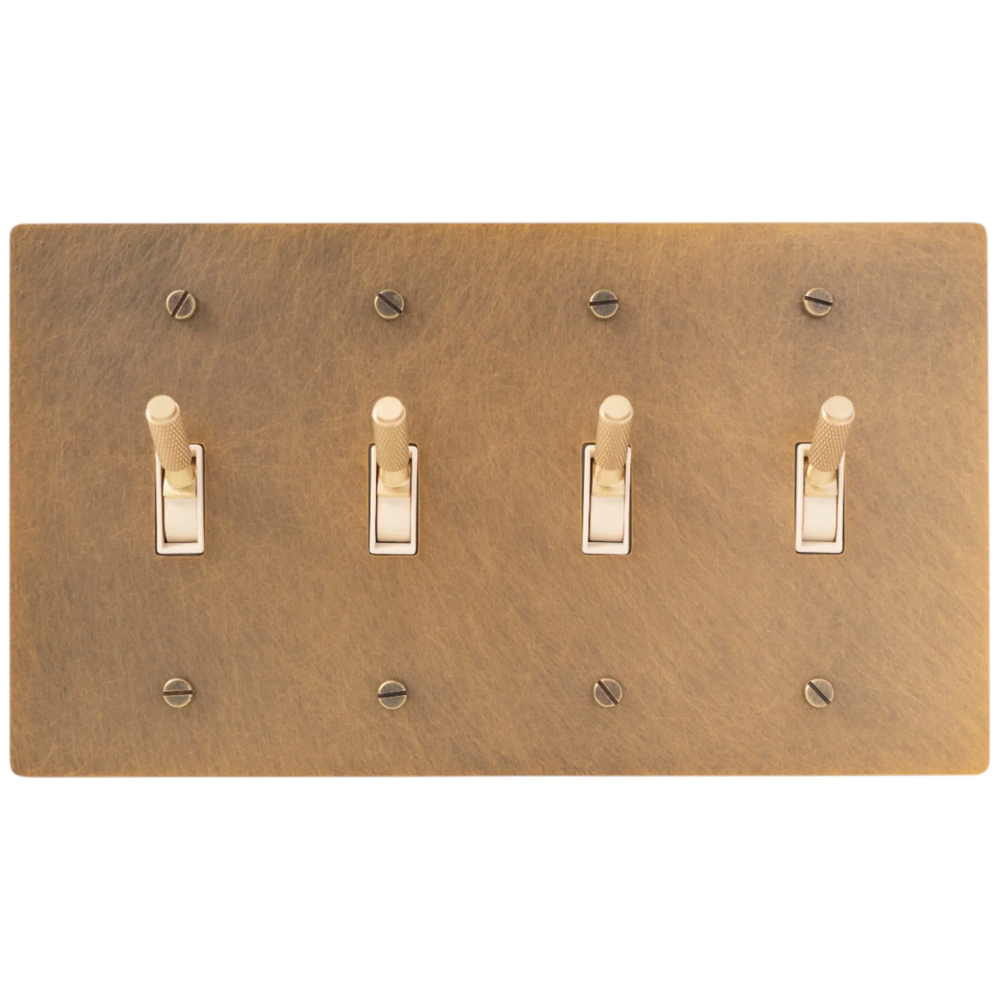 Close-up of knurled toggle detail on antique brass 4-gang switch plate