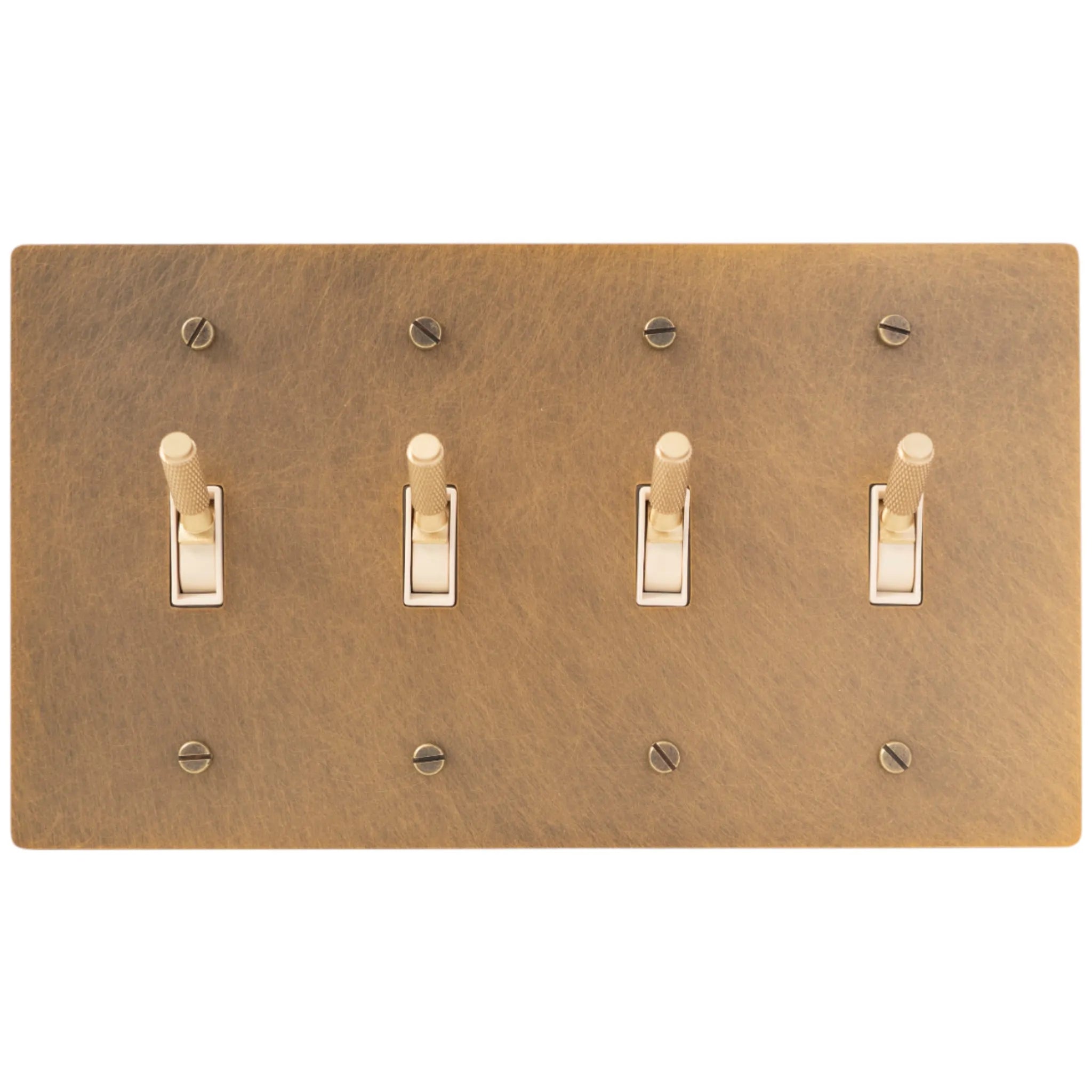 Close-up of knurled toggle detail on antique brass 4-gang switch plate