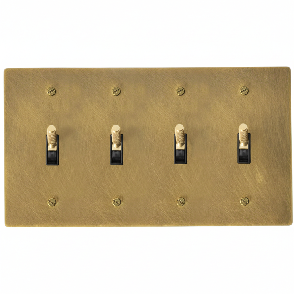 Antique brass 4-gang knurled toggle switch plate, hand-brushed