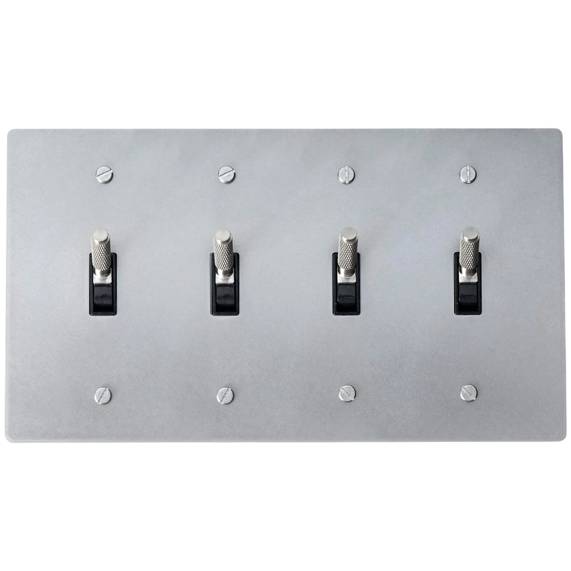 4-gang knurled toggle light switch plate in stainless steel finish, front view