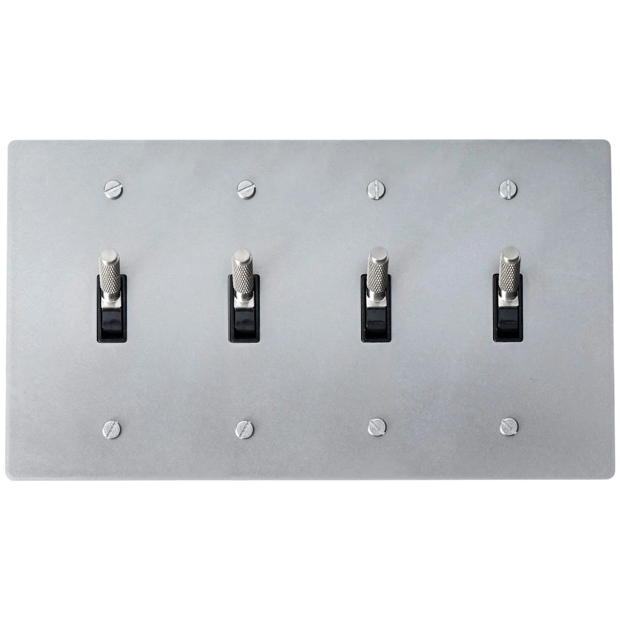 4-gang knurled toggle light switch plate in stainless steel finish, front view