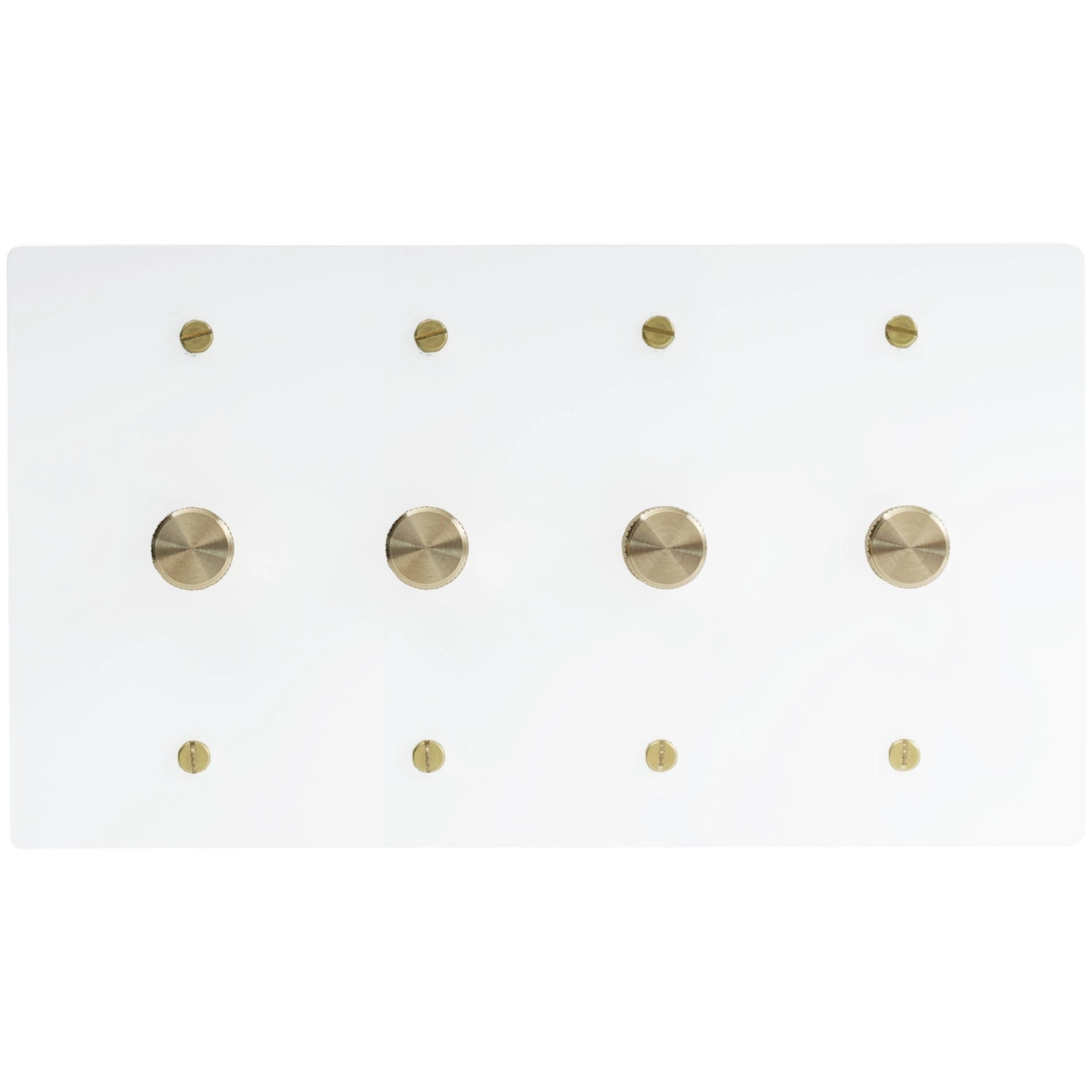 Four gang white dimmer switch panel with brass rotary knobs on minimalist glossy white plate.