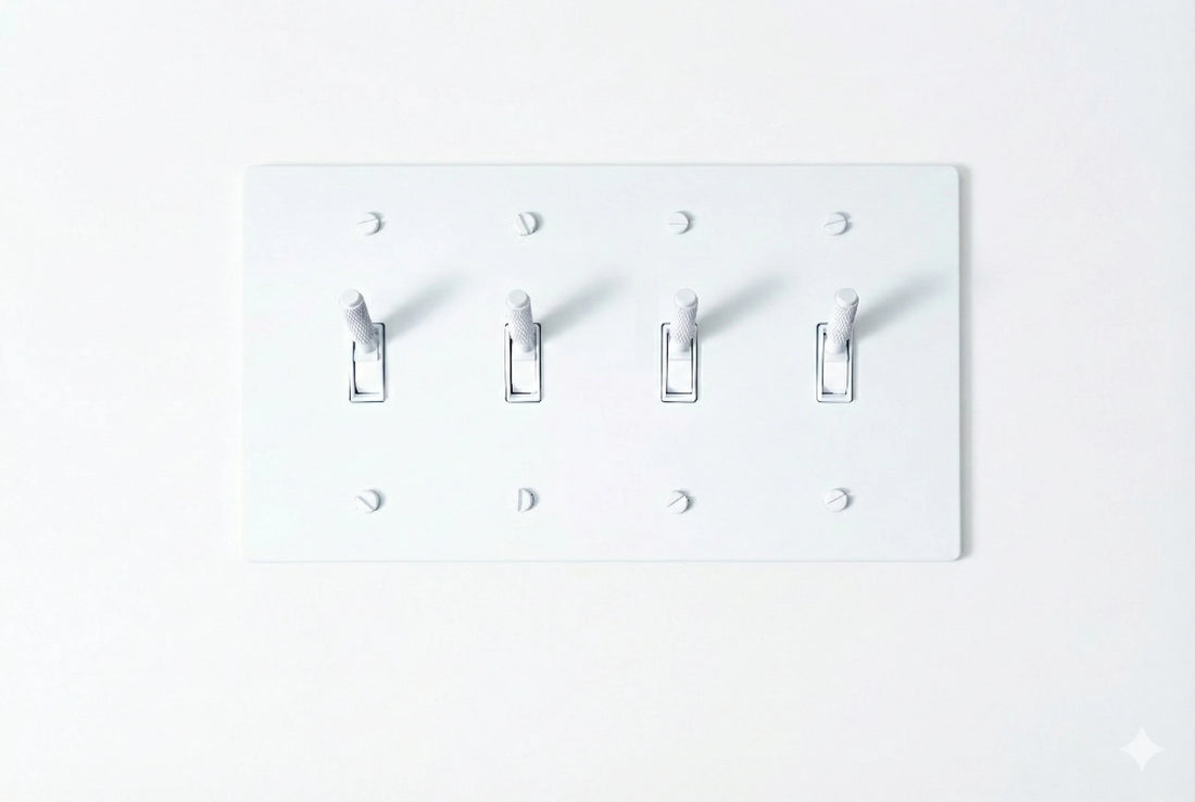 4-gang knurled toggle light switch plate in white, front view