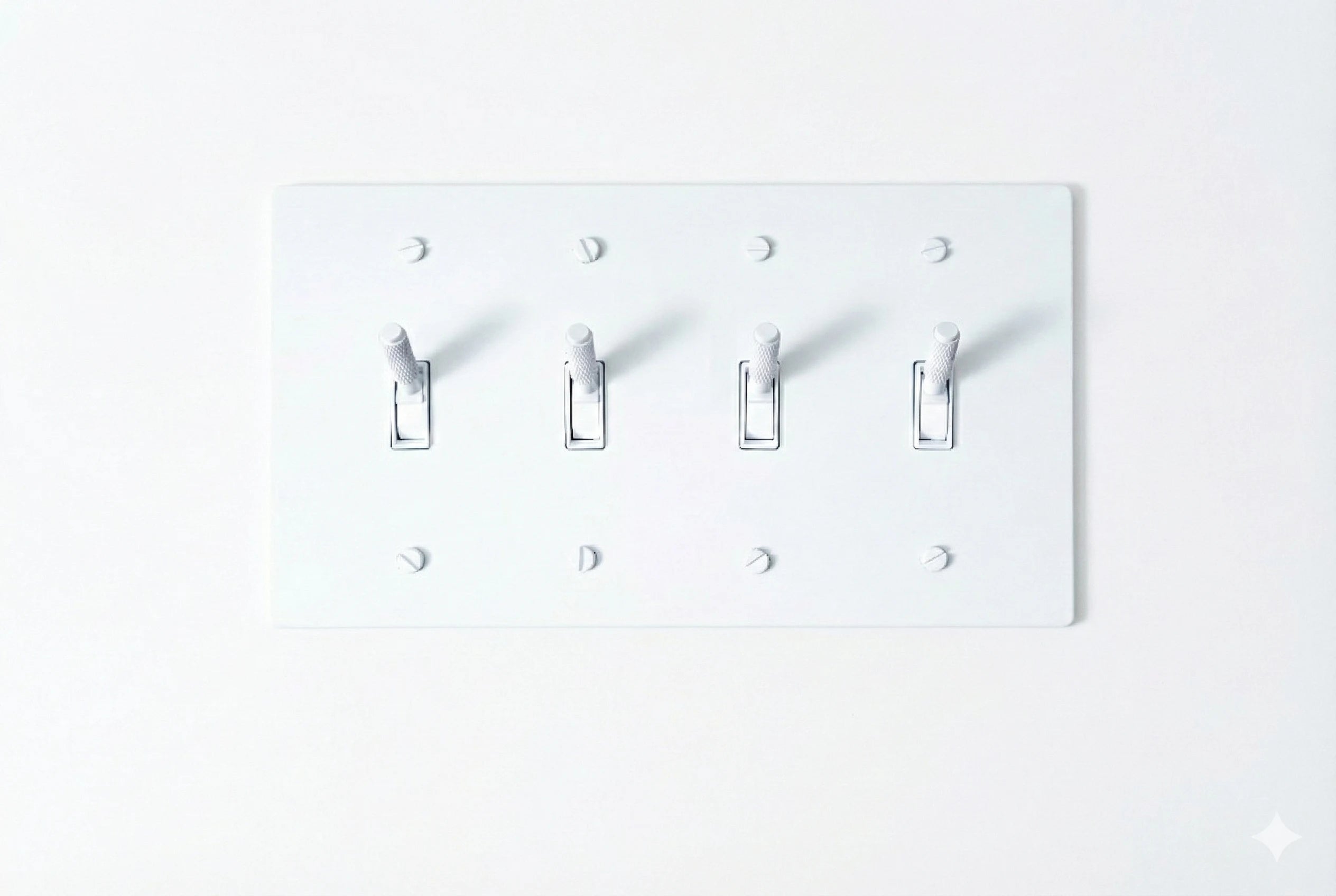 4-gang knurled toggle light switch plate in white, front view