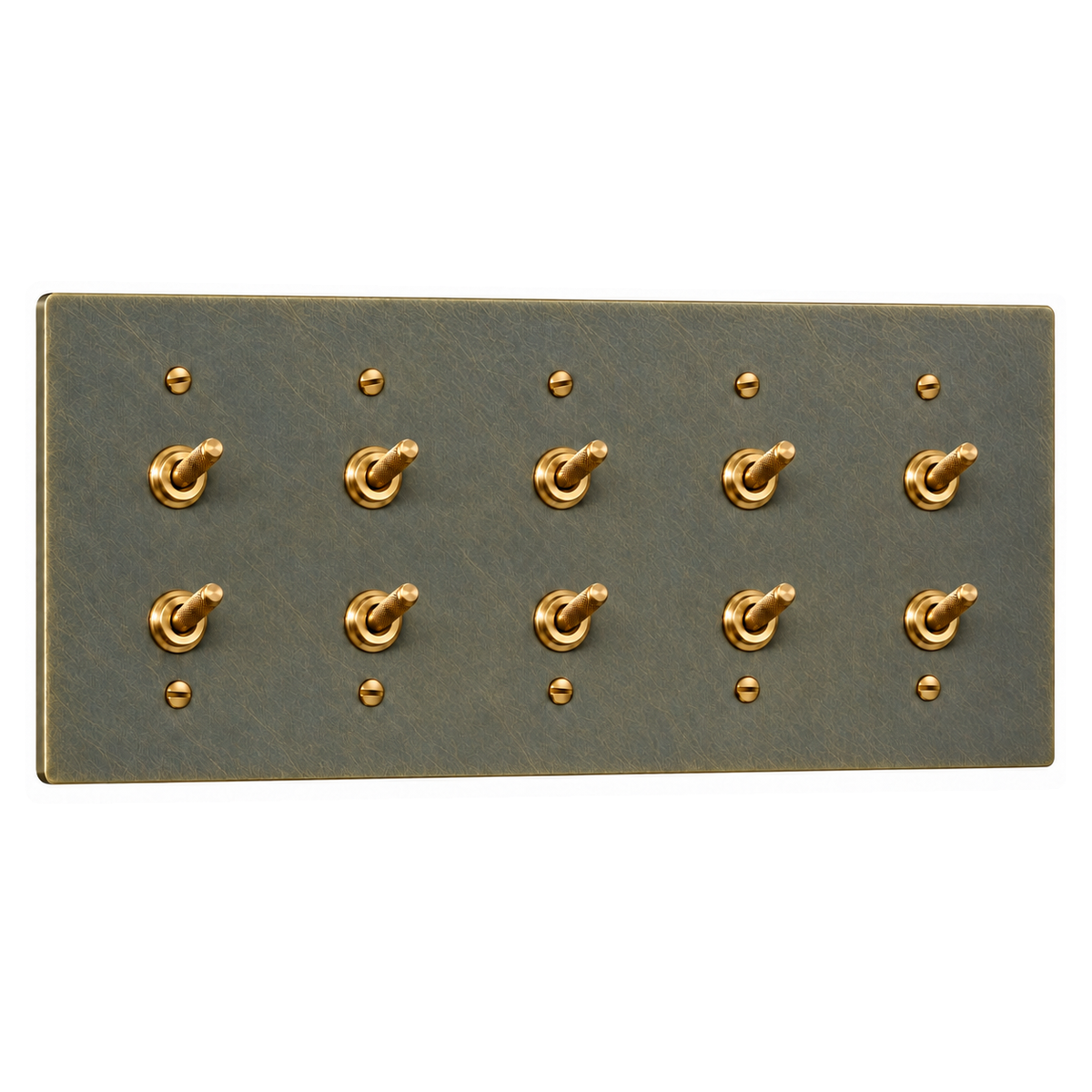 5-Gang Solid Brass Double Knurled Toggle Light Switches in Aged Bronze (Hand-Brushed); 10 toggles on a white background