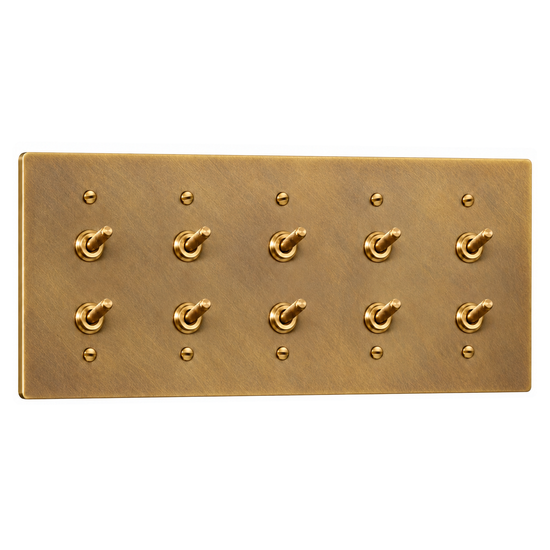 5-Gang Solid Brass Double Knurled Toggle Light Switches in Satin Brass; 10 toggles on a white background