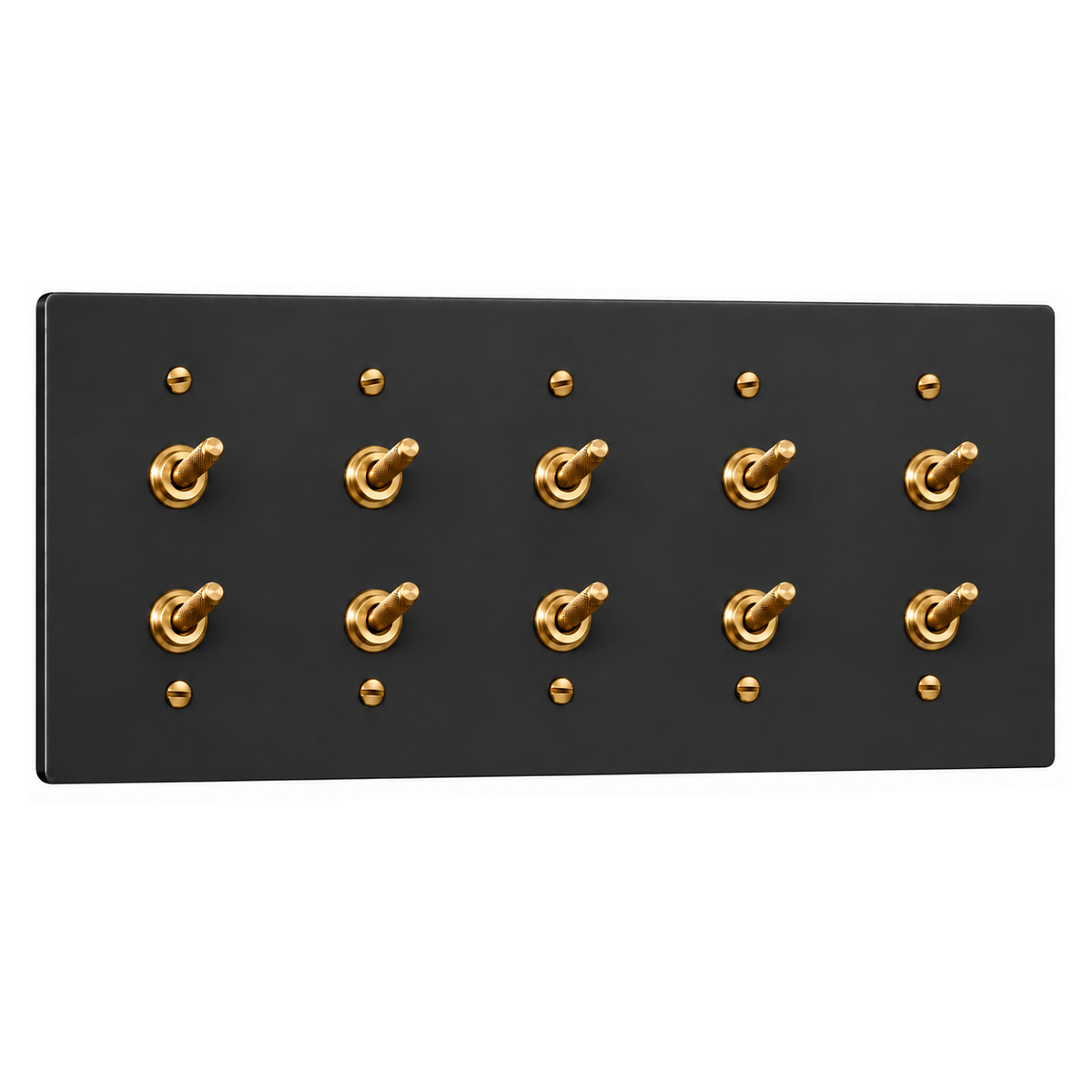 5-Gang Solid Brass Double Knurled Toggle Light Switches in Black with Brass Accents; 10 toggles on a white background