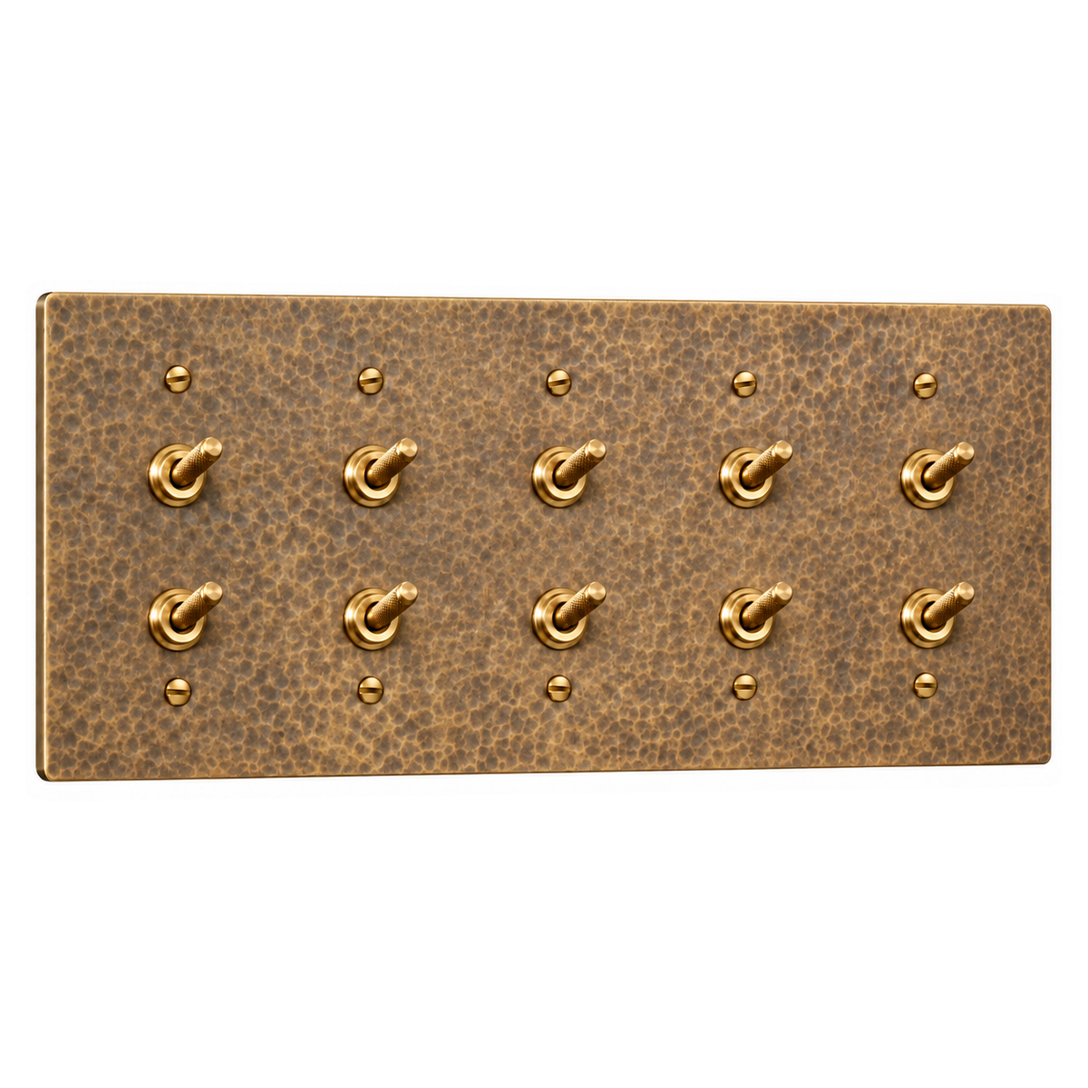 5-Gang Solid Brass Double Knurled Toggle Light Switches in Hammered Antique Brass; 10 toggles on a white background