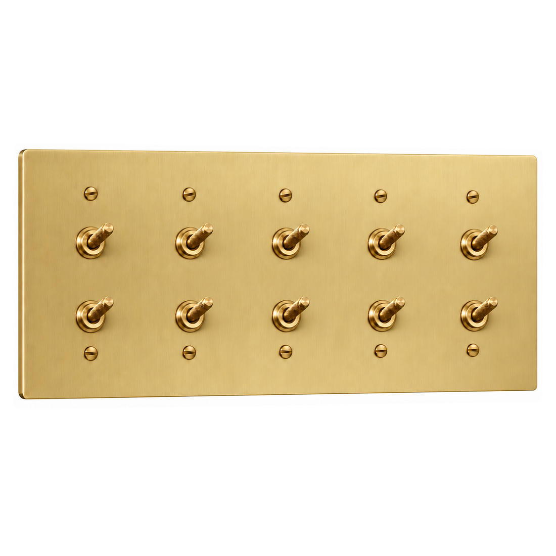 5-Gang Solid Brass Double Knurled Toggle Light Switches in Satin Brass; 10 toggles on a white background