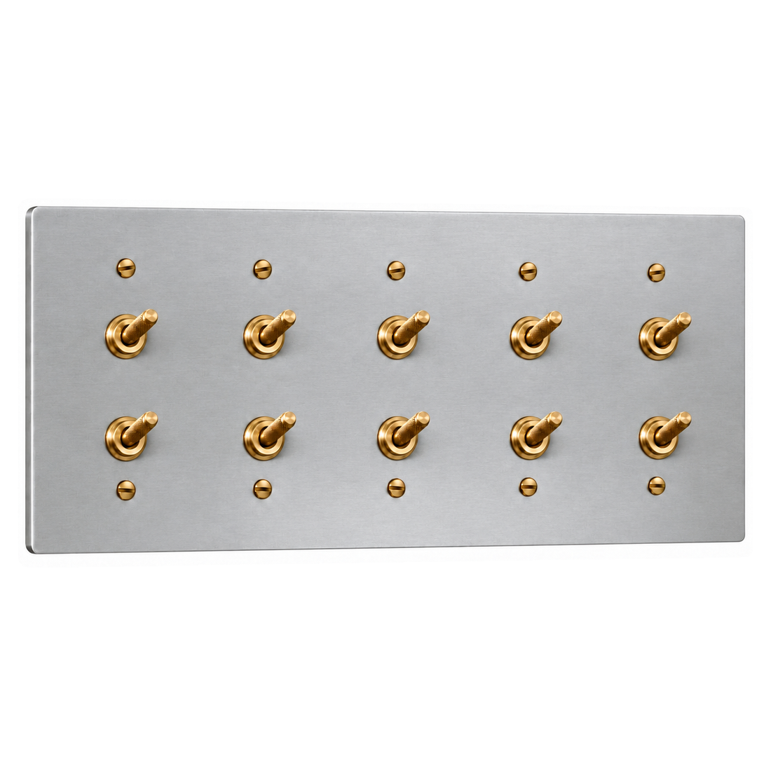 5-Gang Solid Brass Double Knurled Toggle Light Switches in Stainless Steel; 10 toggles on a white background