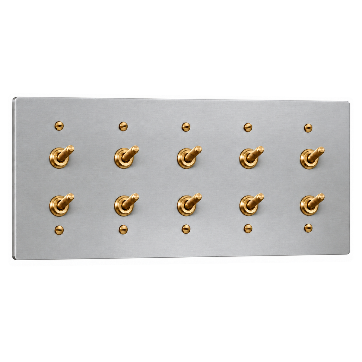 5-Gang Solid Brass Double Knurled Toggle Light Switches in Stainless Steel; 10 toggles on a white background