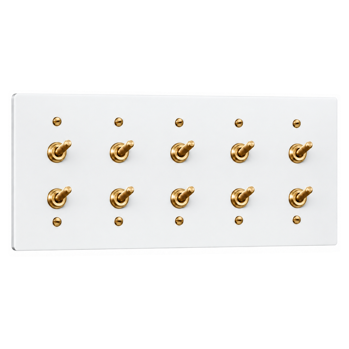5-Gang Solid Brass Double Knurled Toggle Light Switches in White with Brass Accents; 10 toggles on a white background