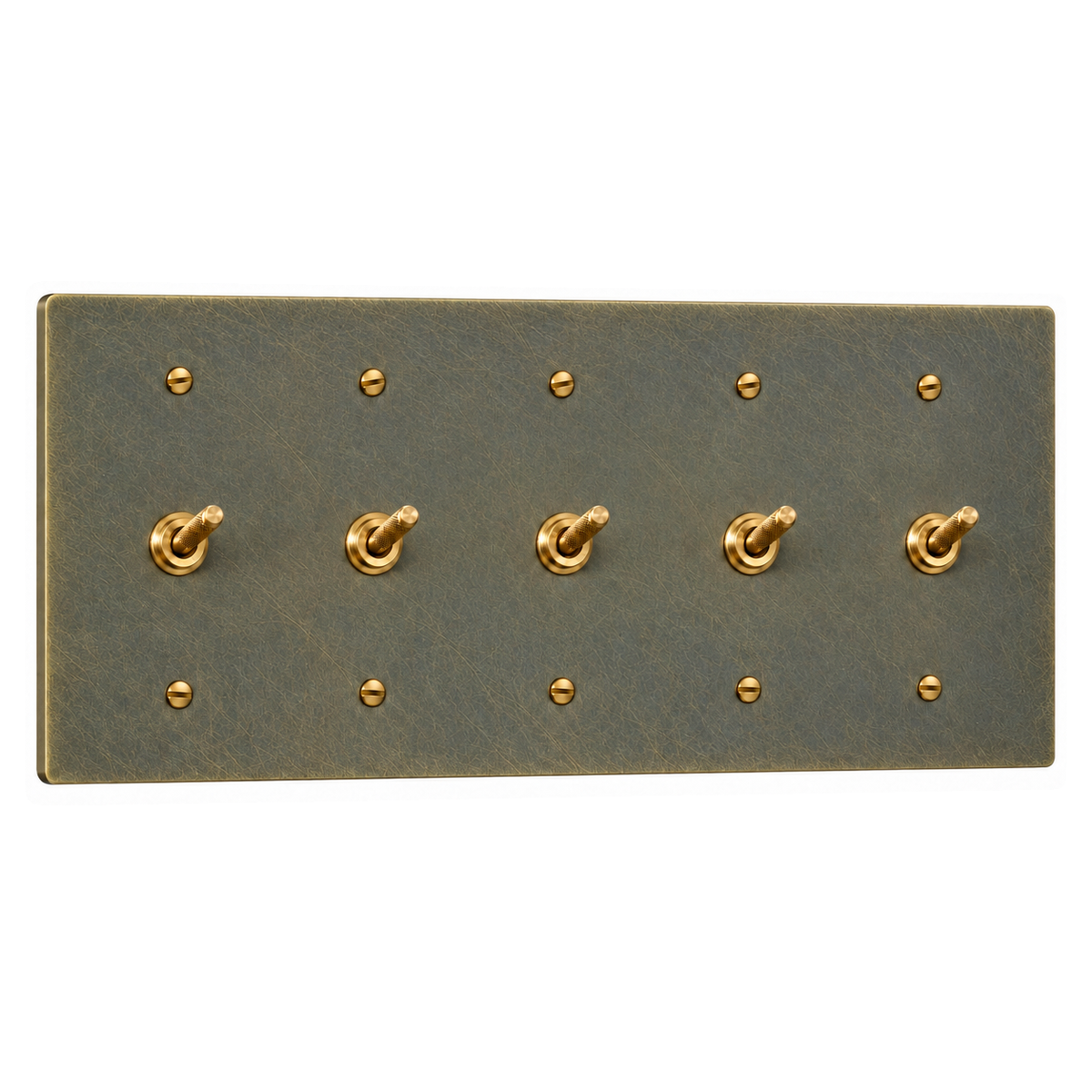 5-Gang Solid Brass Knurled Toggle Light Switches in Aged Bronze (Hand-Brushed); 5 toggles on a white background