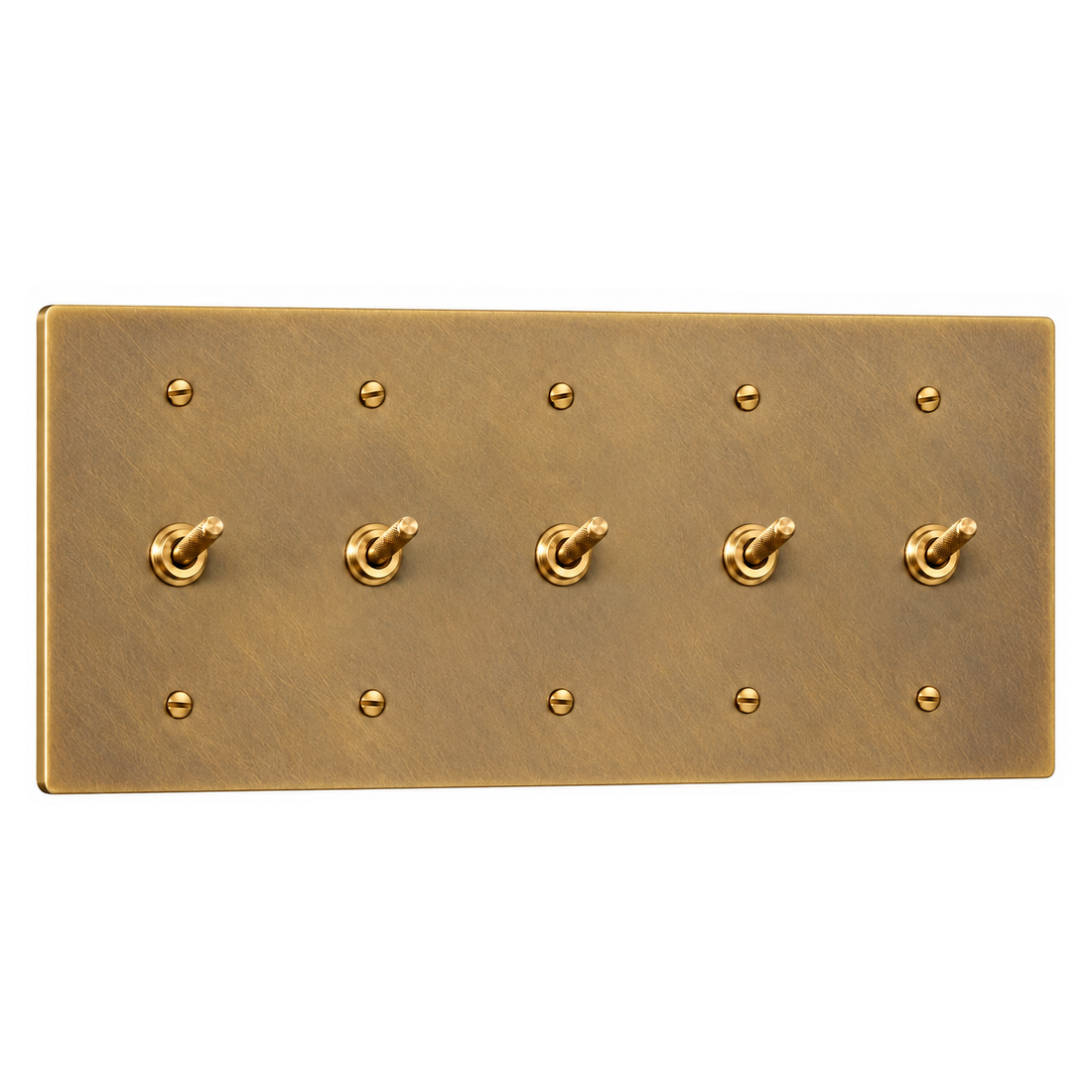 5-Gang Solid Brass Knurled Toggle Light Switches in Satin Brass; 5 toggles on a white background