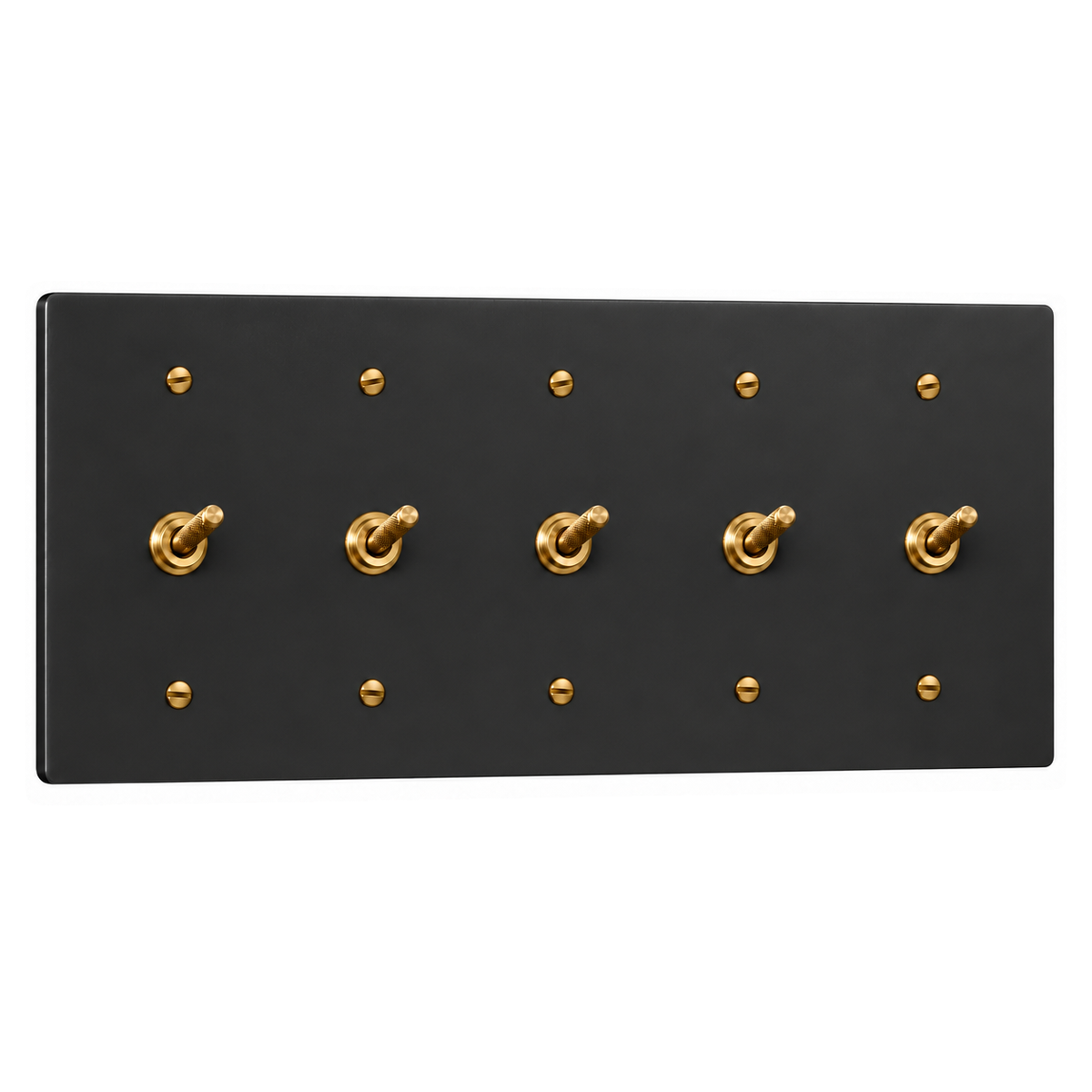 5-Gang Solid Brass Knurled Toggle Light Switches in Black with Brass Accents; 5 toggles on a white background