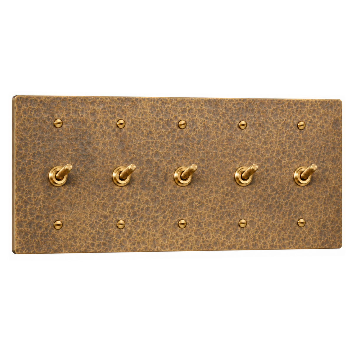 5-Gang Solid Brass Knurled Toggle Light Switches in Hammered Antique Brass; 5 toggles on a white background