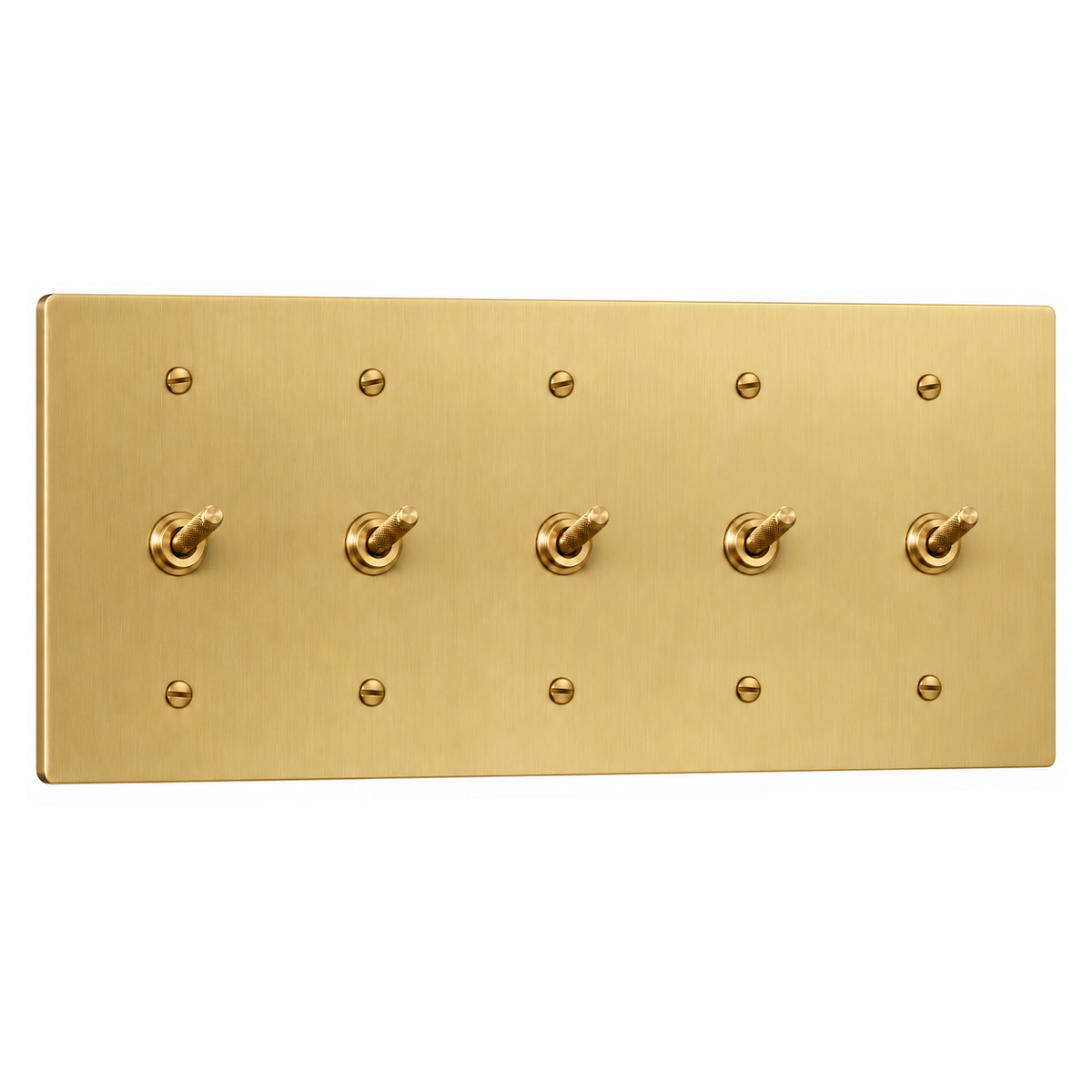 5-Gang Solid Brass Knurled Toggle Light Switches in Satin Brass; 5 toggles on a white background