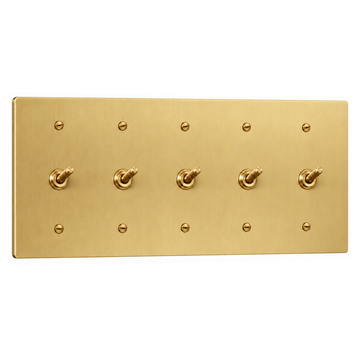 5-Gang Solid Brass Knurled Toggle Light Switches in Satin Brass; 5 toggles on a white background